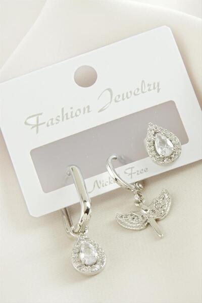 ZERO LAND Msa-Shop 3 Pieces Drop Zircon Stone Earrings-Silver Color