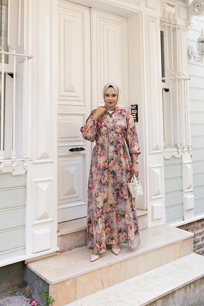 Hb Harma Time Butik Women's Floral Patterned Viscose Buttoned Pink Dress