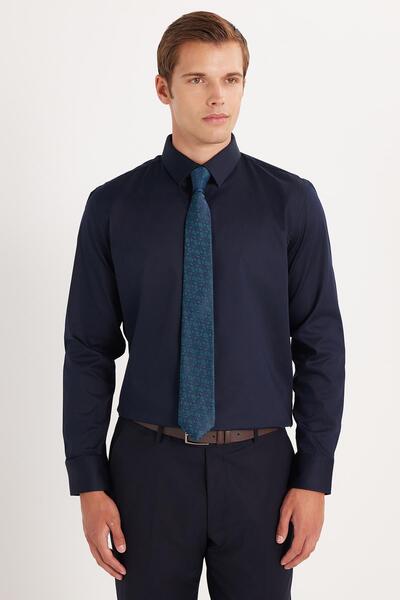 Tudors Erkek Slim Fit Premium Likralı Pamuk Saten Lacivert Gömlek