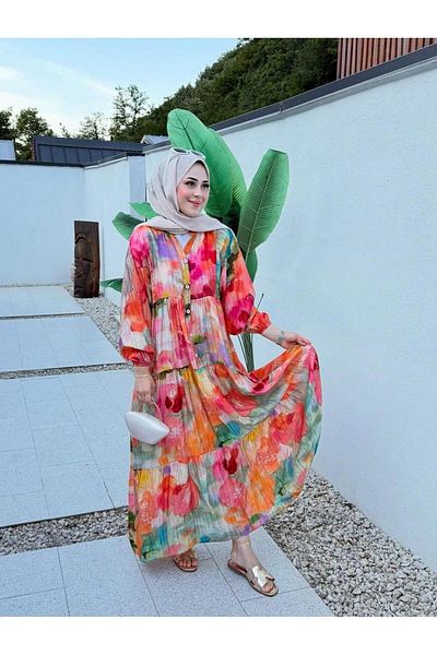 Hb Harma Time Butik Women's Ethnic Patterned Modal Fabric Hijab Dress