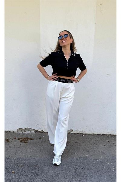 AYSL BUTİK Black Elastic Waist Palazzo Trousers with Text Detail