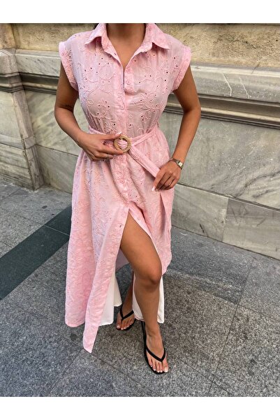 KEDİ Gömlek Yaka Dantel Detaylı Kuşaklı Elbise