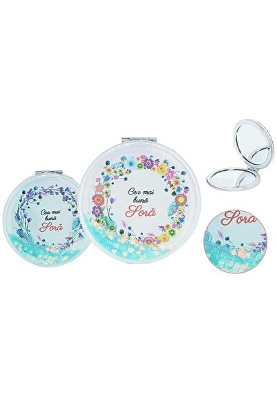 idei Geantă oglindă cosmetică, dublă, imprimeu floral, mesaj Cea mai bună sor...