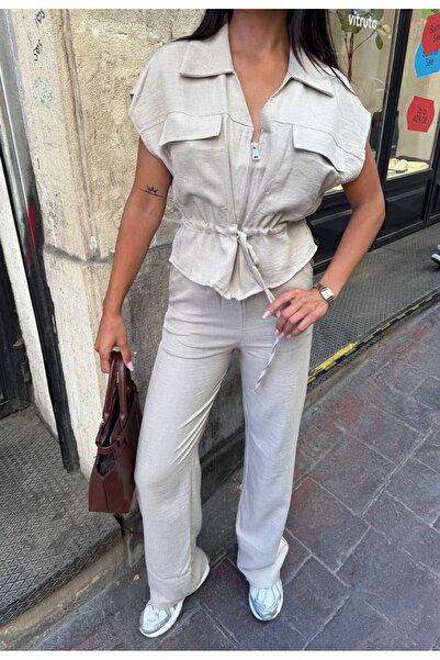 KEDİ Bağlamalı Fermuarlı Krem Takım