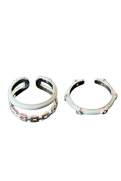 TAKIŞTIR Silver Color Enamel Adjustable Double Ring