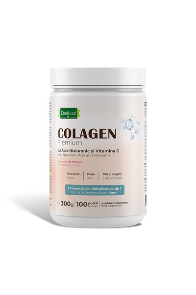Qualuca Colagen cu Acid Hialuronic si Vitamina C, cu aroma de Zmeura | 300 gr | 100 portii