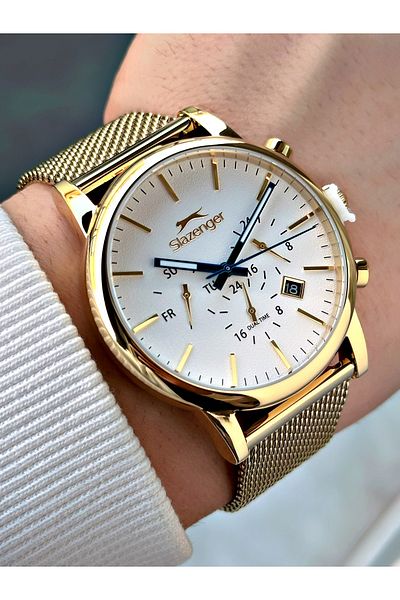 Slazenger Function Gold Color Steel Mesh Cord Men Wrist Watch