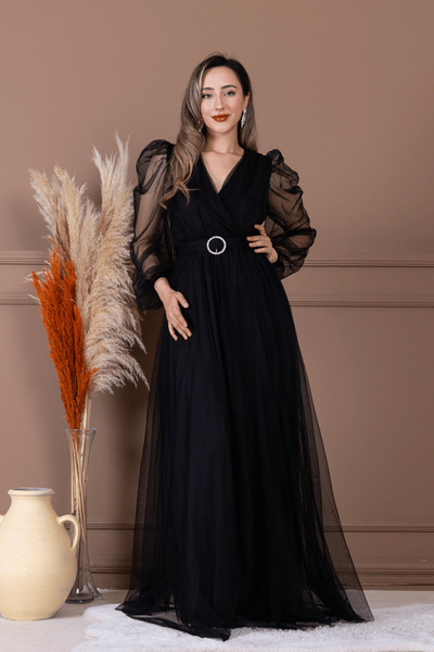 BEYBOS Tül Kumaş Kruvaze Yaka Maxi Elbise - SİYAH