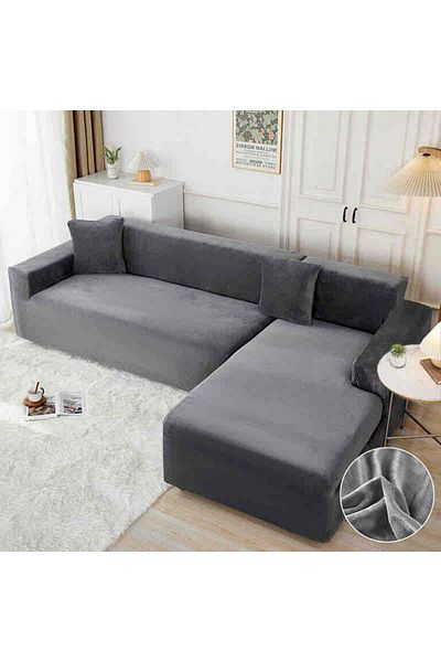 trendyhome Husă elastică pentru canapea de colț, catifea, 3 locuri + 2 locuri, UNI, gri, J244099