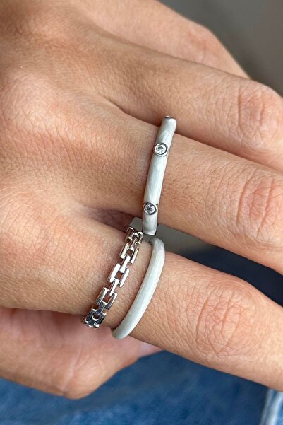 TAKIŞTIR Silver Color Enamel Adjustable Double Ring