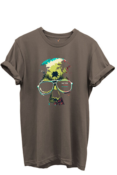 WİDİ Skull and Sunglasses Printed Colorful Palm Themed 100% Cotton Unisex Regular Fit T-Shirt