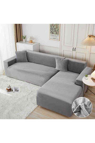 trendyhome Husă elastică pentru canapea de colț, catifea, 3 locuri + 2 locuri, UNI, gri deschis, J244091