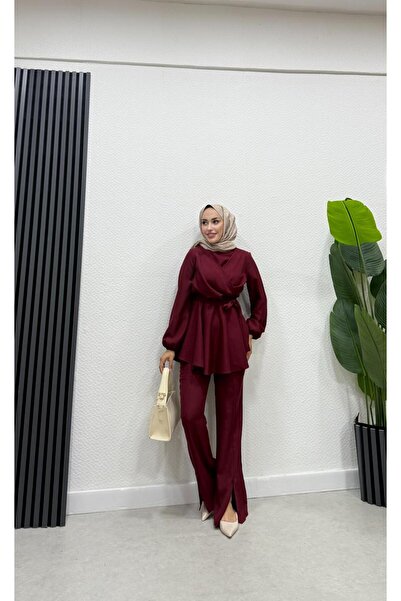 BRN IŞIK TESETTÜR Maria Keten Kruvazeli Tunik Pantolon