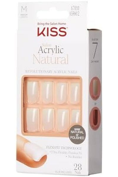 Kiss Natural Acrylic Nail Set by Euphoria with 28 Nails, Pink Gel Glue, Nail File, and Manicure Stick
