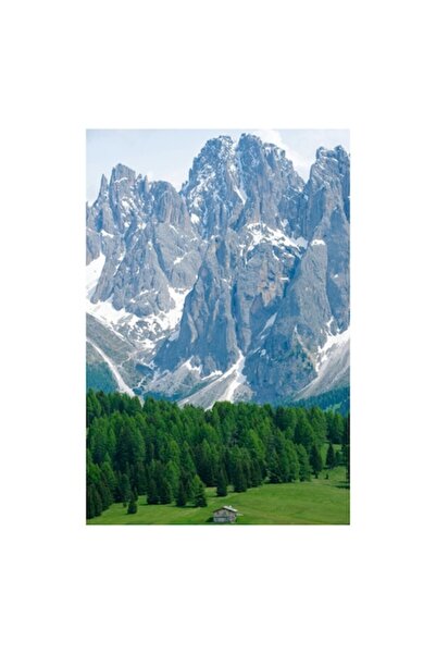 OEM Pictură pe pânză, „Cabană singuratică în munți maiestuoși”, Natură, Pini, Vârfuri, Zăpadă - 39 x 54cm