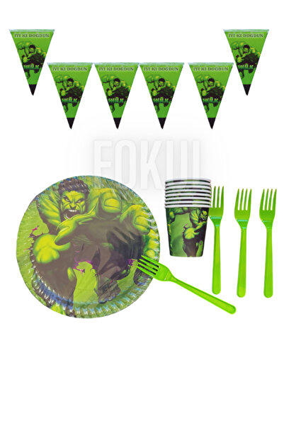 FOKUL Hulk Yeşil Dev 16 Kişilik Doğum Günü Parti Seti Tabak Bardak Çatal Flam...