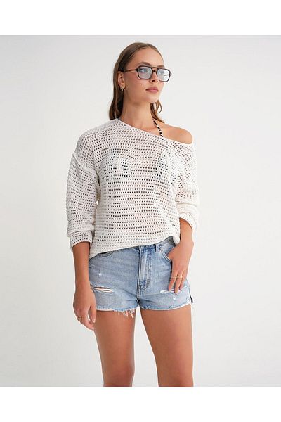 Mixray 6942 Women's Boat Neck Seasonal Openwork Sweater Bone