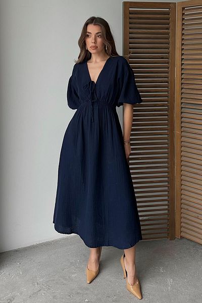 Olcay Rochie din muselina cu jumatate de maneca cu talie elastica cu detaliu de siret ALBASTRU ÎNCHIS 9331-E