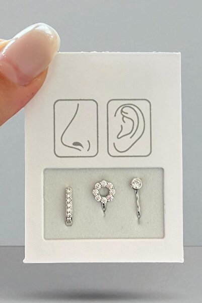 TAKIŞTIR Gümüş Renk Taş Detaylı Deliksiz Kulak/ Burun 3'lü Piercing Set