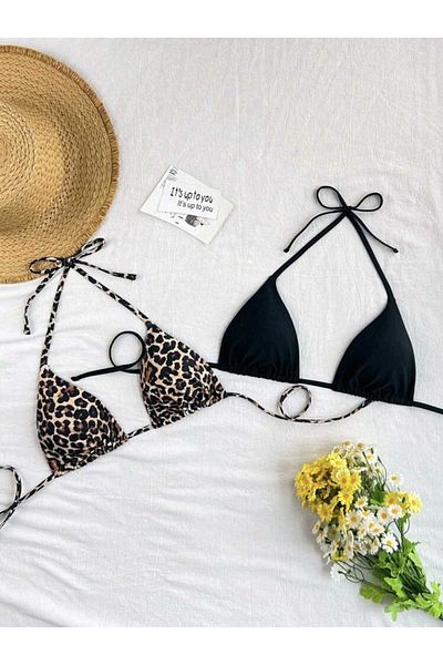 Stail Moda Women's 2-Piece Leopard and Black Minimal Padded Cut Triangle Bikini Top