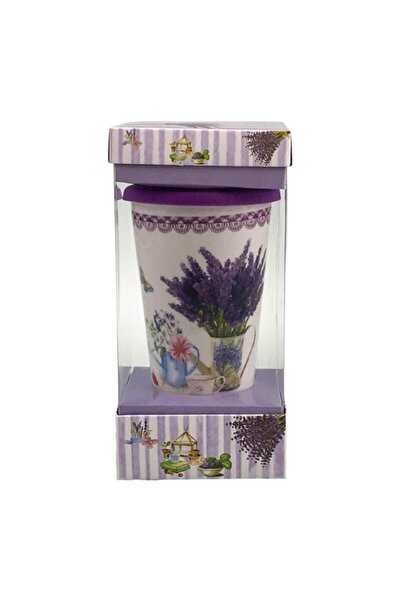 OEM Conical ceramic cup with silicone lid, lavender design, 10x20 cm