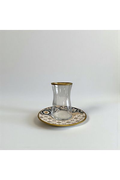 DECOSTYLE Papatya Paşabahçe Gold Porcelain 12 Piece Tea Set with Plate