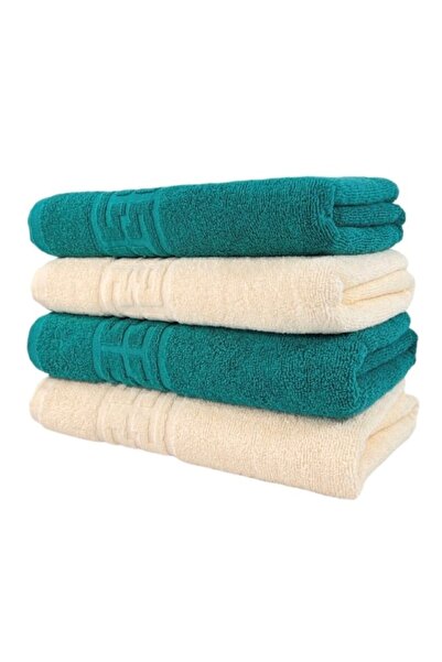 OEM Set 4 Hand Towels, Cotton, Bicolor, Greek Border, 500g/m², 30x50cm, Dark Green-Ivory