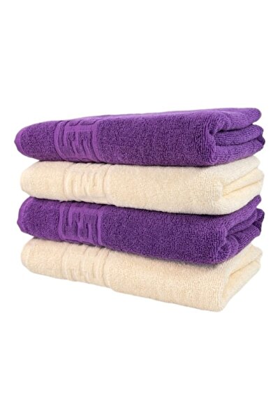 OEM Set 4 Face Towels, Cotton, Two-Color, Greek Border, 500g/m², 50x90cm, Ivory-Purple