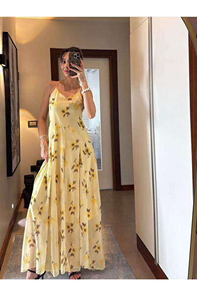 sinemkivanc co Premium Kalite Astarlı Çiçek Desenli Şifon Elbise Sarı