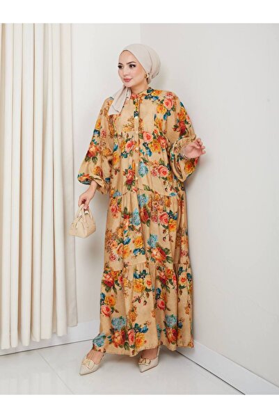 ezzo Mango Kumaş Floral Desenli Tesettür Elbise