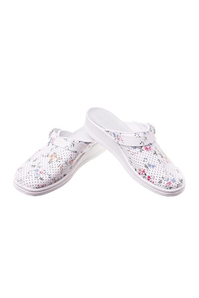 Tellus Leather medical clogs 74-08/01, White with flowers