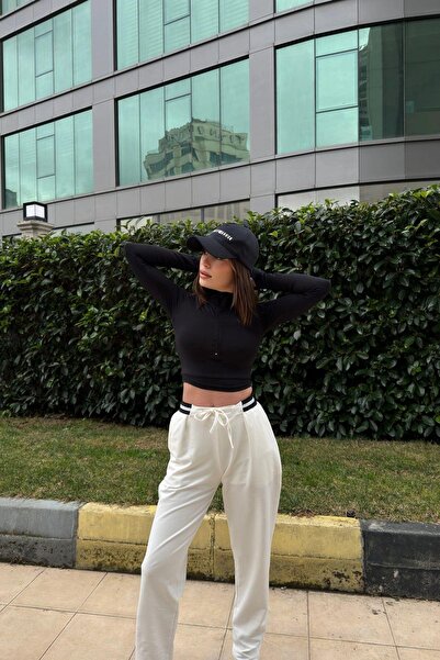 NEW LAVİVA Γυναικεία λευκή ελαστική μέση, λεπτομέρεια με δαντέλα, άνετο παντελόνι φούτερ