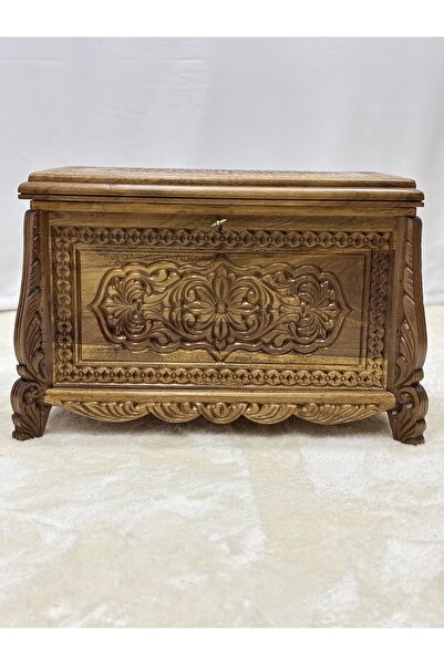 Arıkmert El Sanatları Maraş El Oyma Ceviz Ahşap Çeyiz Sandığı-Ahşap Sandık – 68x40x48 cm | Papatya Natural Model