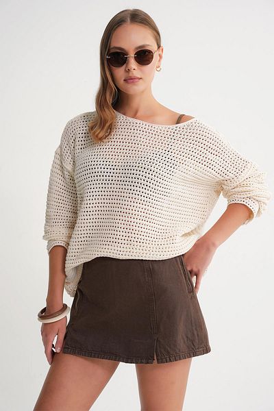 Mixray 6942 Women's Boat Neck Seasonal Openwork Sweater Natural