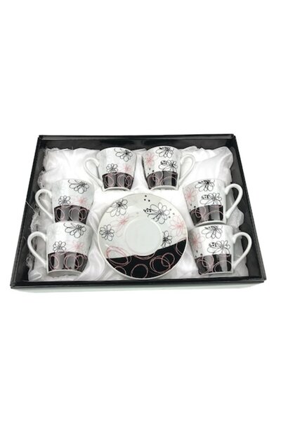 OEM Set 6 cești și 6 farfurii cu flori, ceramică, 28X20 cm