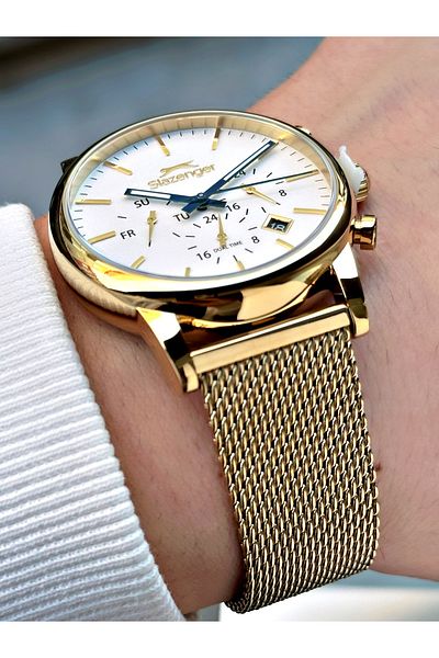 Slazenger Function Gold Color Steel Mesh Cord Men Wrist Watch