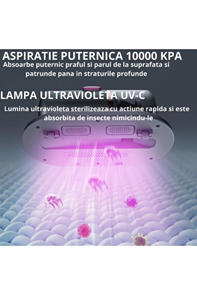 OEM Aspirator portabil antiacarieni, 10000Pa, UVC, filtrare 99%, ideal pentru saltele și covoare