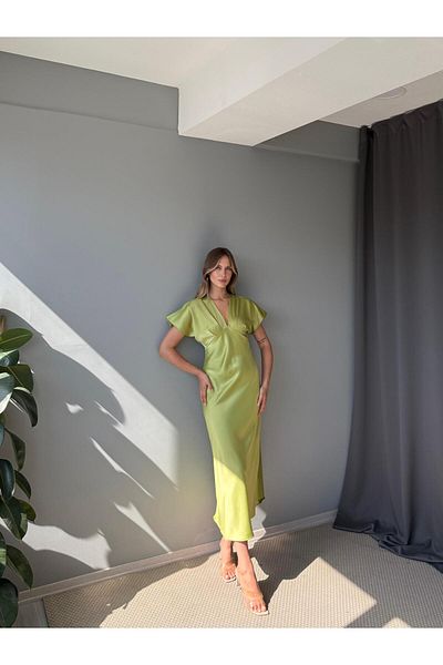 AlisaSu Women's Pistachio Green V-Neck Satin Midi Dress