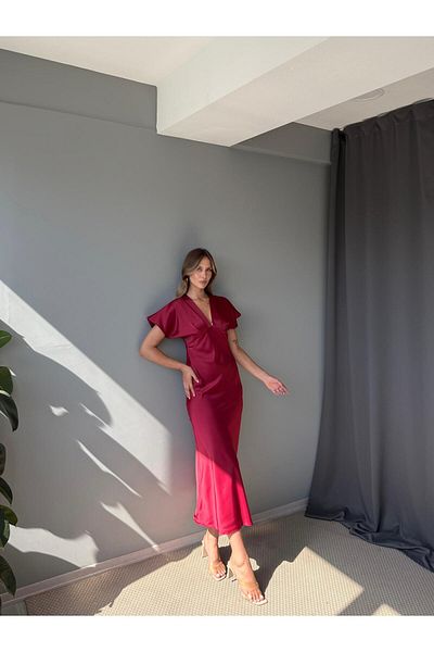 AlisaSu Women's Burgundy V-Neck Satin Midi Dress