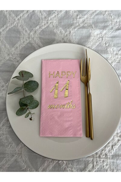 kidspartim Gold Gilded Pink Happy 11 Years Months Waiter Fold Napkin 16 Pieces