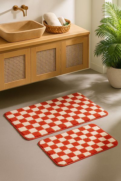 EUROBANO Checkerboard Patterned Premium Set of 2 Washable Non-Slip Base 60X100 60X50 Bath Mat