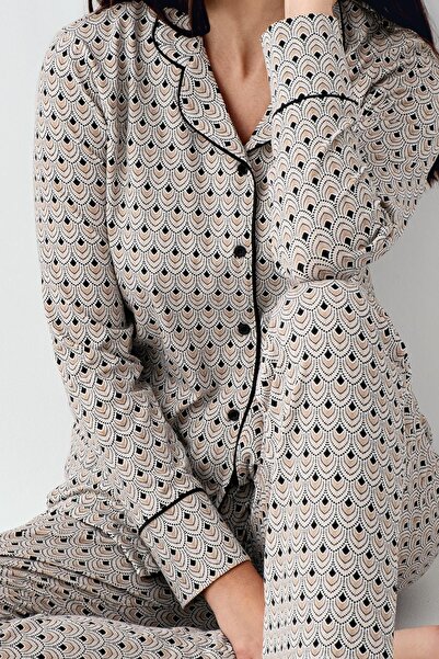 Pierre Cardin Kadın Desenli Gömlek Yaka Uzunkol Mevsimlik Pijama Takım, %50 pamuk %50 modal