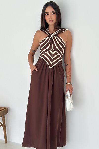 FEMELLE Rochie din țesătură creponată cu fustă maro pentru femei (model slim)