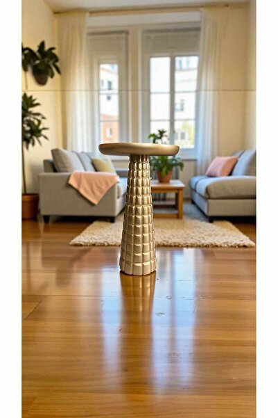 Simillo Home&Living Doğal Ahşap Tekli Yan Sehpa – Altın Varak Renk Mantar Sehpa