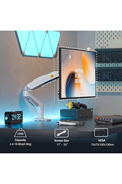 NB ERGONOMIC حامل شاشة NB F80-XE أبيض بذراع واحدة مع زنبرك غاز، مناسب للشاشات مقاس 17-30 بوصة، وزن 2-9 كجم