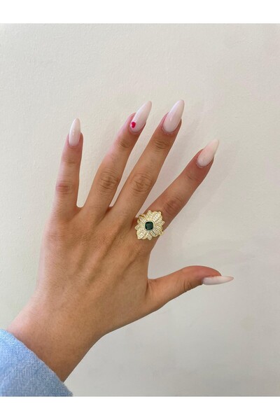 MyladyAccessoriess خاتم من الفولاذ بتصميم زهرة من حجر الزركون الأخضر