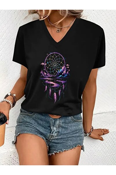 FUFLUNS Dream Hunter Printed Women's Oversize V-Neck T-Shirt