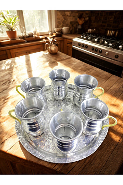 ŞEHZADEMUTFAK 6'lı El İşlemeli Kulplu Alüminyum Su Bardağı Seti – Gümüş Görün...
