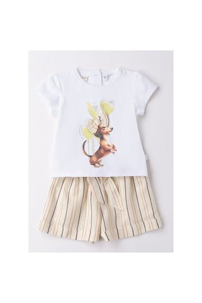 Sarabanda , Compleu tricou si bermude cu imprimeu catelus pentru fete, Alb, Bej, 110 cm