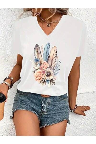 FUFLUNS تي شيرت نسائي كبير الحجم برقبة على شكل حرف V مطبوع عليه زهور